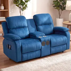 【JOYVELLEHEIM】Power Loveseat Recliner Sofa with Console, Electric Double Reclining Couch with Heat & 8-Point Massage, Bluetooth Speaker, Flip-Top Storage, Cup Holders, Side Pockets, Soft Flannel, Blue Breathable Stain-Resistant Set