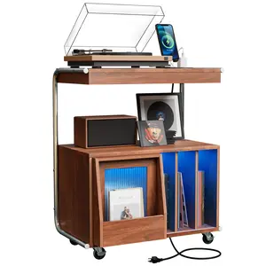 Record Player Stand with Sliding Door and Wheels,Record Storage Cabinet, Record Player Table with Power Outlet & LED Light