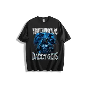 Whatever Daddy Wants Daddy Gets Wolf Men Graphic T-Shirt - Dark Blue Black Color Scheme, Stylized Wolf-Like Figures, Lightning Bolt Background, Bold White Text, Muscle Chest, Snarl Design - Crew Neck Cotton Tee for Fans of Dark Graphic Art
