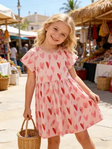 Girls Pink All Over Heart Print Summer Dress Short Sleeve Round Neck Back Keyhole Button Closure Soft Fit & Flare Casual Dress Summer Printed Dress