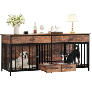 Yitahome Double Dog Crate Furniture with Feeder, Indoor Dog Kennel for Large Breed with Storage, Wooden Dog Crate TV Stand Table for Dogs