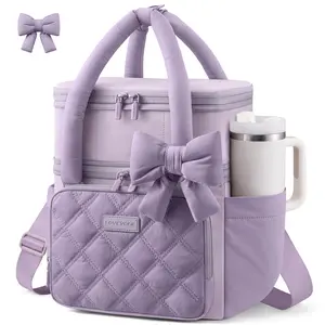 LOVEVOOK Insulated Lunch Bag Women,Expandable Double Deck Adult Lunch Box Women with Cup Holder,Bow Quilted Puffer Lunch Tote,Large Leakproof Collapsible Cooler Bag for Work College Picnic Meal Prep
