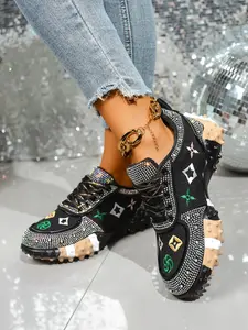 Women's Fashion Casual Shoes, Sneaker, Durability Anti-Slip Large Size Comfortable Lace-Up Round Toe, Rhinestone Design Spring Wear