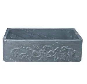 33" Farmhouse Single Sink, Floral Carving Front, Charcoal Marquina Soapstone