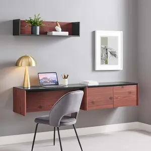 Modway Kinetic 38" Wall-Mount Office Desk With Cabinet and Shelf in Black Cherry