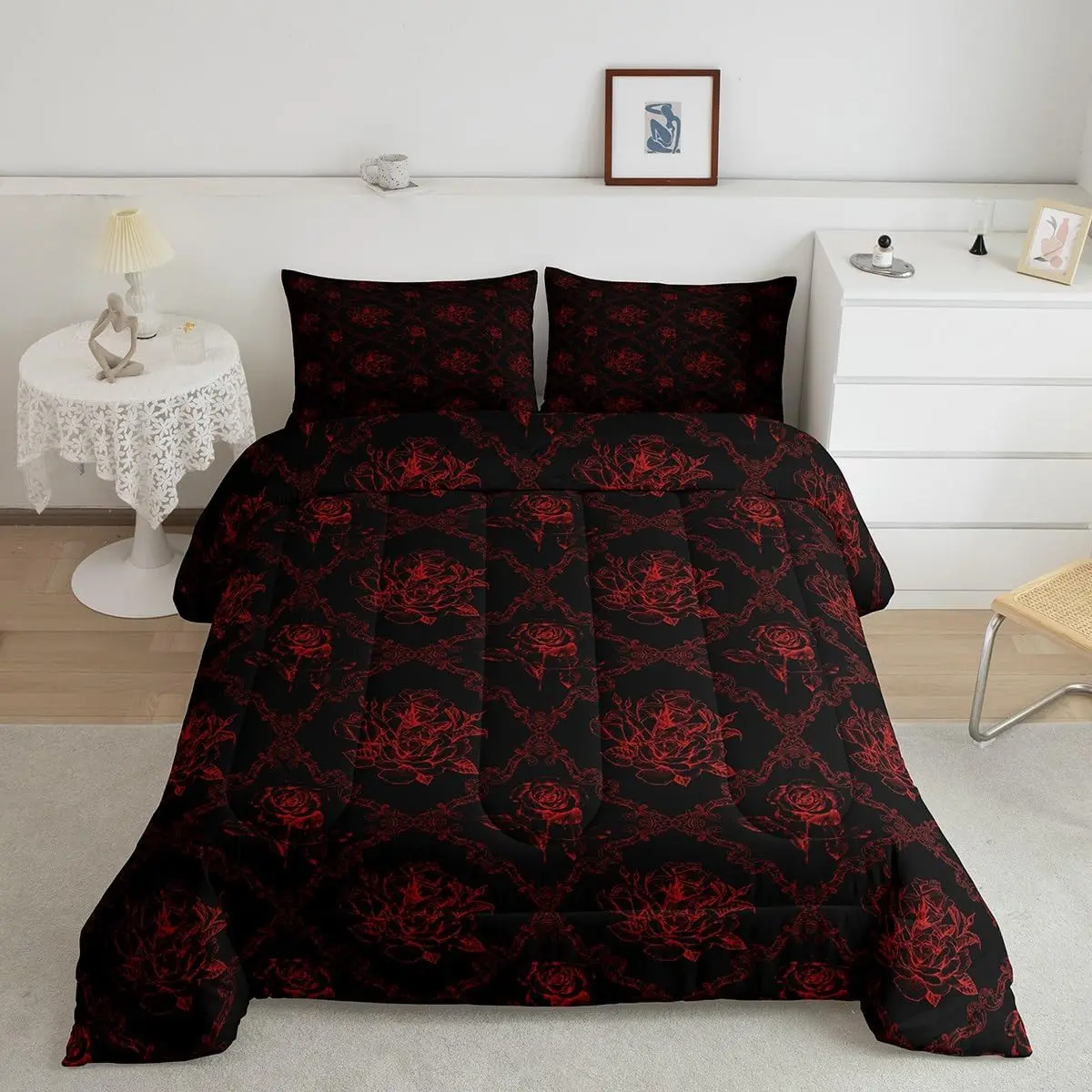 Feelyou Gothic Bed Comforter Set - Vintage Rose Red Black Damask Decorative Bedding, Breathable Luxury Floral Duvet Set for Teens, Breathable Duvet Set