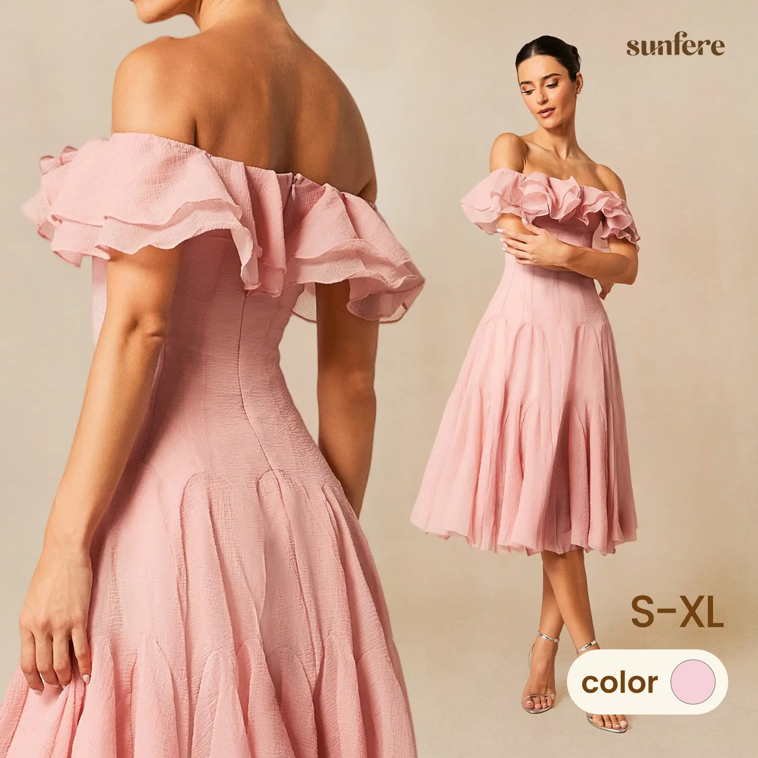Sunfere Off Shoulder Ruffle Midi Dress - Flounced Hem Elegant Refined, Wedding Guest Cocktail Party Bridal Shower