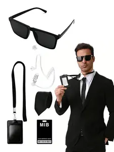 5pcs Role-Playing Costume Set, Secret Agent with Glasses, Earpiece, Tie, Card, Card Holder, Rope, Perfect for Parties, Festivals, Birthdays