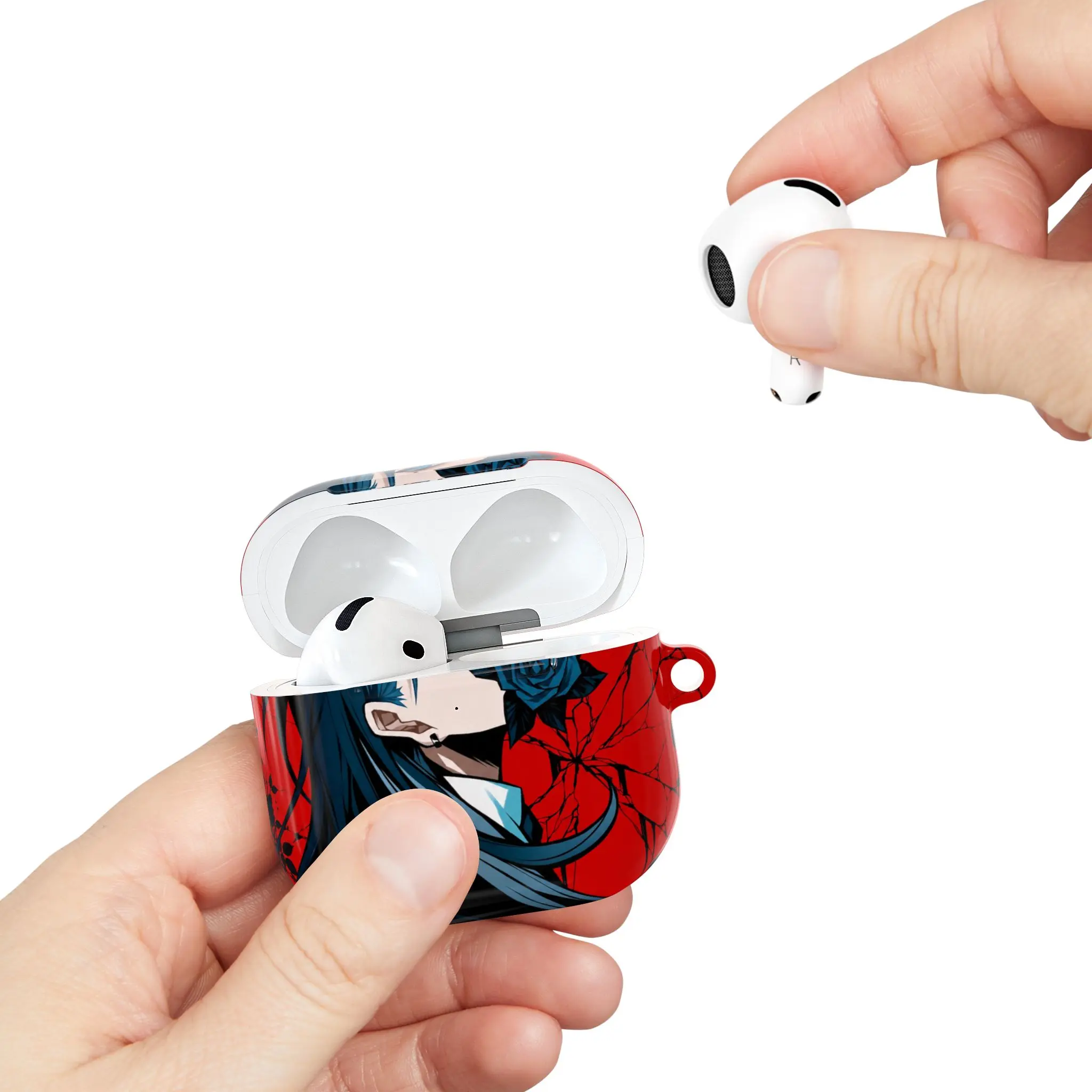 Gothic Anime Rose Protective Case for AirPods Pro – Red Printed Earbuds Cover with Keychain Loop