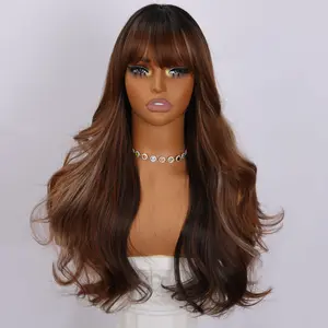 SMILCO/22Inch Brown Synthetic Curly Wig/Highlight With Bangs/SM386