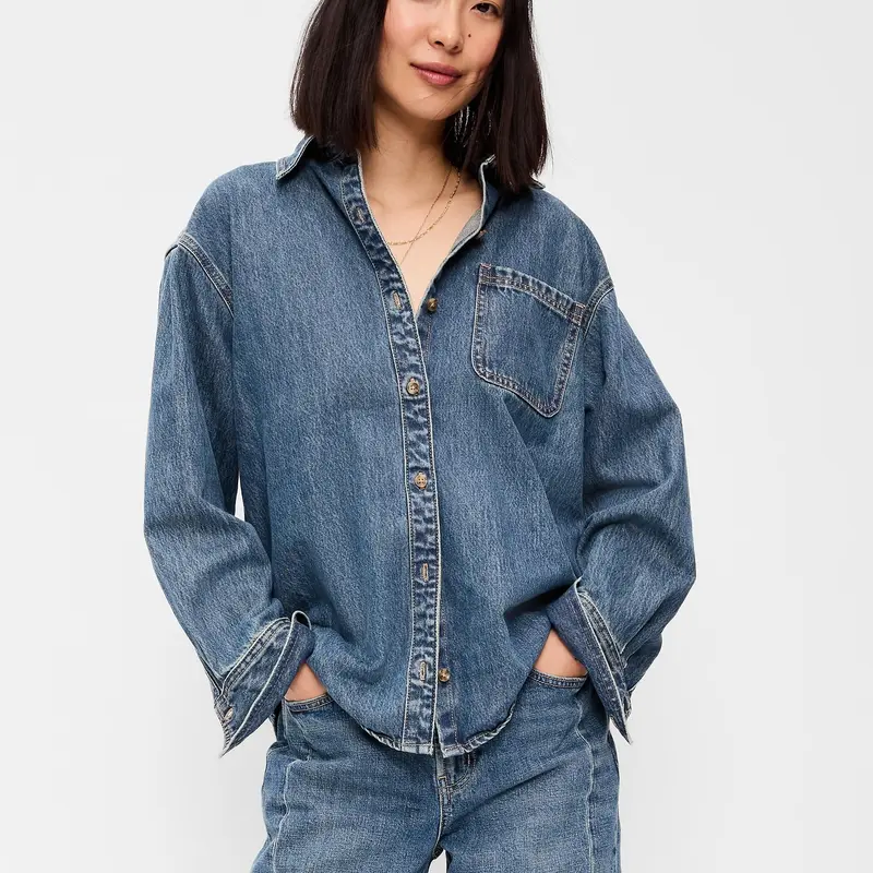 Old Navy Women's Oversized Boyfriend Button-Down Jean Shirt
