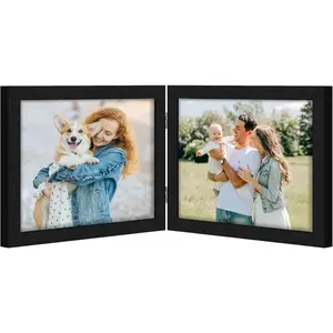 10x8 Double Picture Frame, Hinged 2 Opening MDF Photo Frames with Plexiglass, Horizontal Tabletop Stand, Black