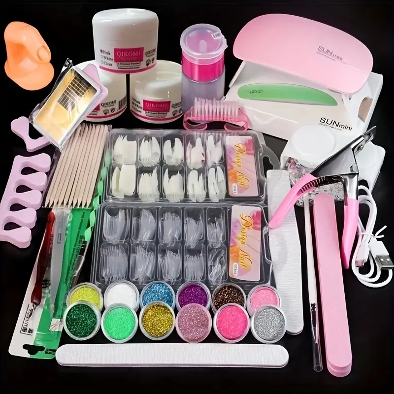 24-in-1 Nail Kit for Beginners, 1 Set with 12 Colors Glitter Powder and Nail Extension Tools, Complete Nail Art Kit
