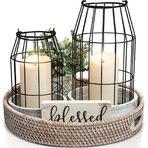 Rustic Farmhouse Lantern Decor Set of 2 - Stylish Decorative Lanterns for Your Living Room, Fireplace Mantle or Kitchen Dining Table - Modern Indoor/Outdoor Coffee Table Decor for Your Entire Home