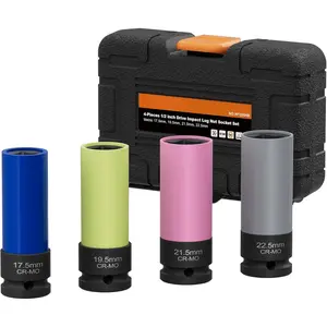 4- 1/2 inch Drive Thin Wall  Sockets (17.5, 19.5, 21.5, 22.5mm), Non-Marring Design for Swollen or Seized Wheel Nuts, CR-MO Steel