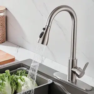 Single-Handle High-Arc Pull-Out Kitchen Faucet, Single-Layer Stainless Steel Kitchen Sink Faucet With A Pull-Down Sprayer, Suitable For Brushed Nickel In Kitchen And Bathroom