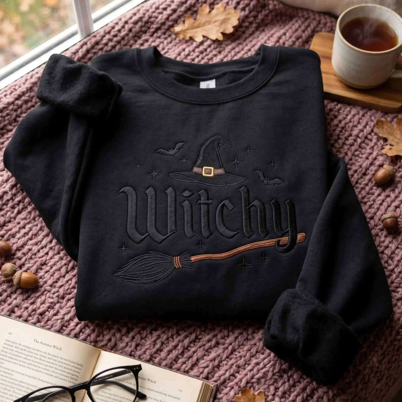 Embroidered Witchy Halloween Sweatshirt T Shirt Hoodie, Bat And Broomstick Witch Costume