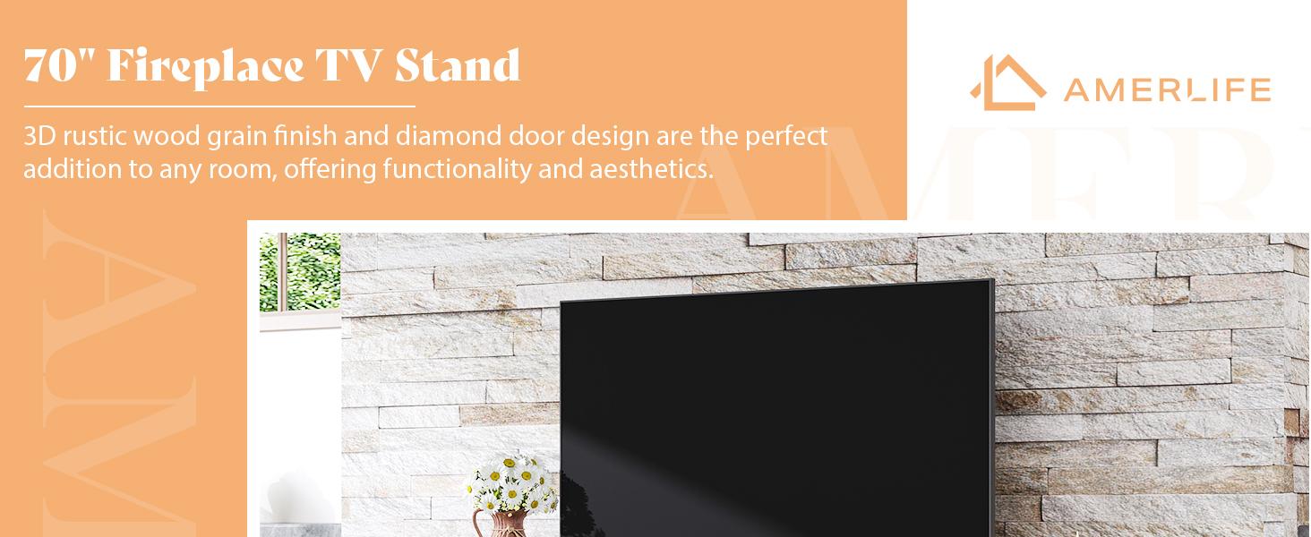 【Ships in 2 Boxes】AMERLIFE 70" Farmhouse Heavy Fireplace TV Stand with 33" Electric Fireplace, for 80" TVs up, Media Entertainment Center with Diamond Door, TV Console Storage Cabinet for Living Room
