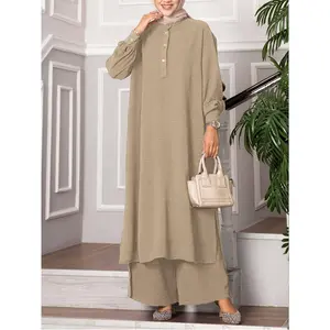 New Two-Piece Abaya Outfit Featuring a Dress And Pants, Designed for Elegance with a Solid Color, Round Neck, Button-Up Long Sleeve Shirt, And Elastic Waist Long Pants, Perfect for Stylish Commuting. (Headscarf Not Included)