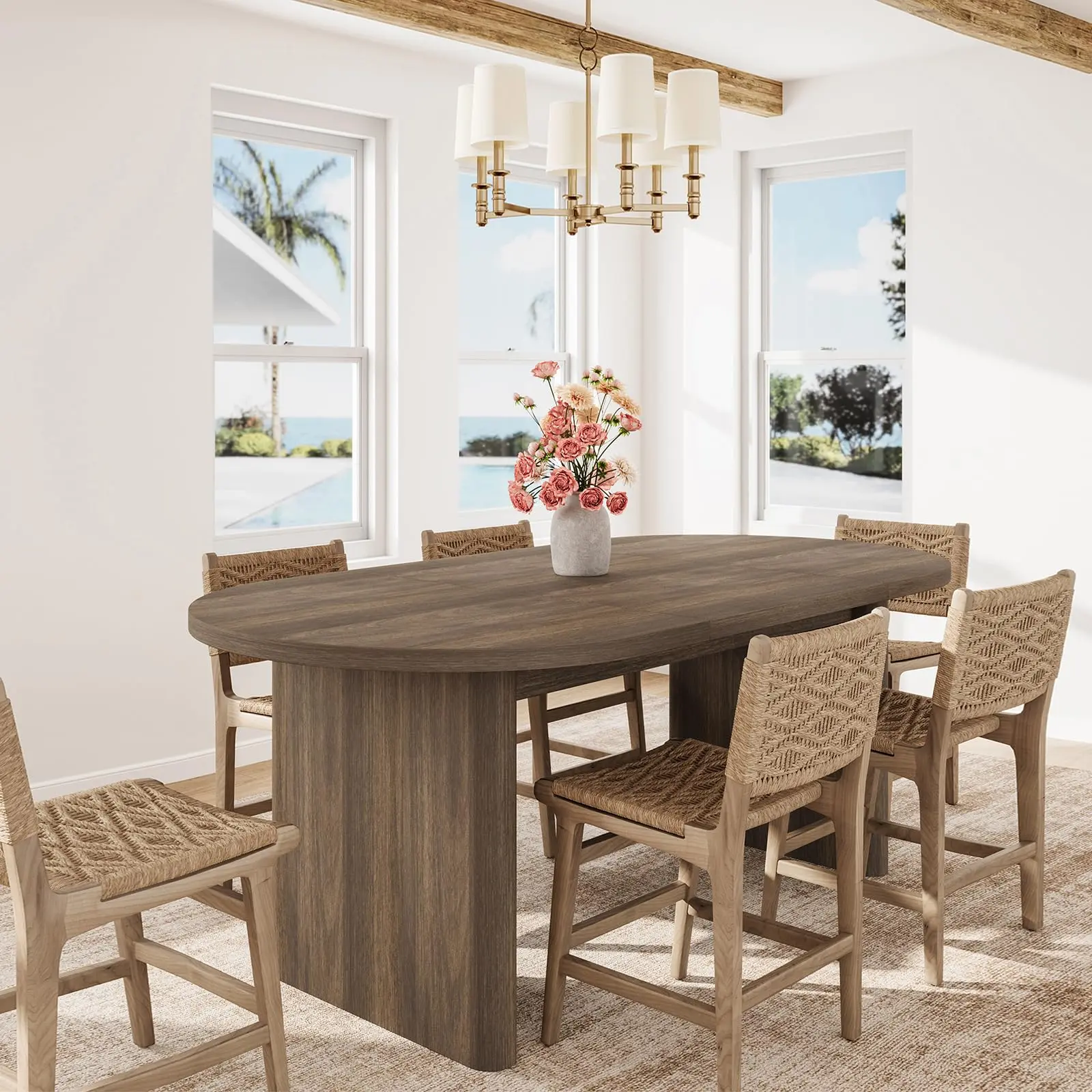 Garvee Oval Dining Tables in Multiple Sizes (63-71 inches) and Colors (Brown, Rustic Pear, Natural, Walnut, Gray, Grey Walnut, Black) with Thick Wooden Bases, Seating 4-8 People, Perfect for Kitchen, Living Room, Office