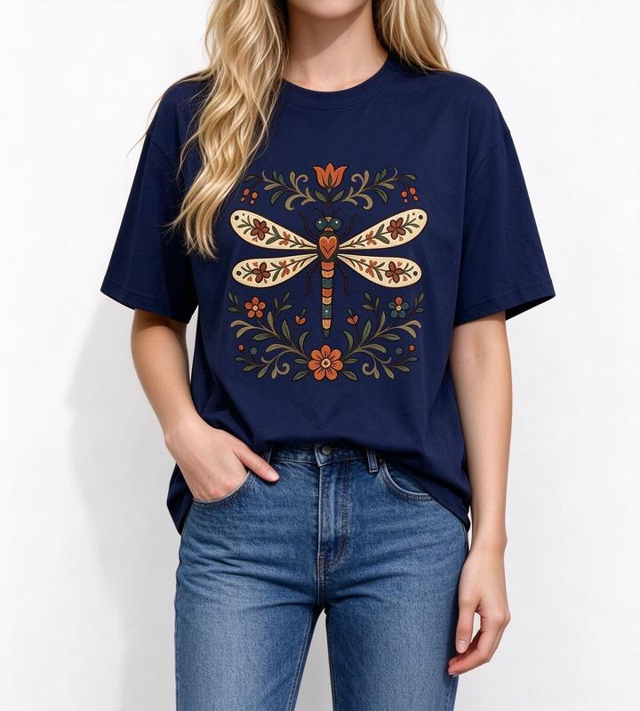 Women's Folk Art Dragonfly Floral Graphic T-Shirt - Breathable Comfortable Fabric, Casual Loose Cotton Fit, Spring Fall Cottagecore Crewneck Top, Vintage Beach Aesthetic Tee