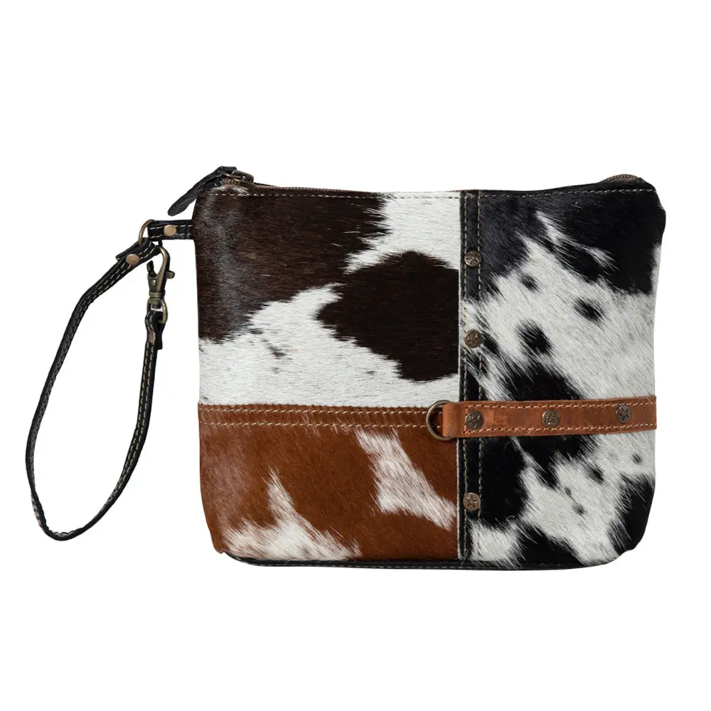 Women's Tyler Ridge Hair-on Hide Cowhide Durable Pouch, Genuine Leather Clutch with Zipper, Patches and Leather Wristlet Strap, Genuine Leather Purse