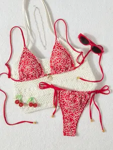 Women's Floral Jacquard Bikini Set, Flower Print Bikini, Casual Fashion Chic Swimsuit Set, Ladies Swimwear for Beach Holiday Vacation