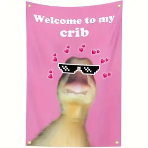 1pc, Welcome Banner Featuring a Cute Duck Design And The Text "Welcome to My Crib" - 2Ftx3Ft, Durable Polyester Outdoor Decoration Suitable for Parties, Dorms, Bars, Bedrooms - No Electricity Needed, Front Door Welcome Sign, Dorm Room Decor letter