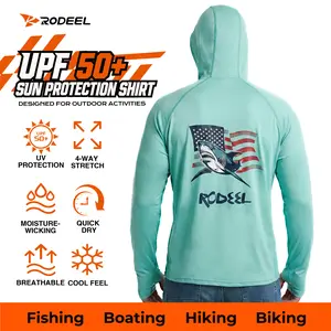 【RODEEL】938 Fishing Hoodie Shirts w/ Mask Neck Gaiter Thumbhole Men UPF 50+ UV Protection Long Sleeve Breathable Lightweight Quick Dry Moisture Wicking Cooling Activewear for Outdoor Fishing Boating Hiking Construction Roofing Gardening Tree Service