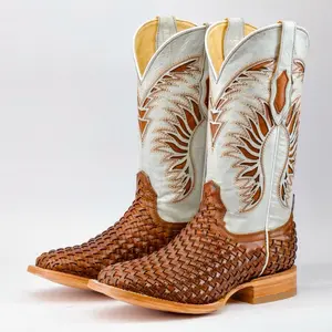 Tan Basketweave Leather Boots - Square Toe