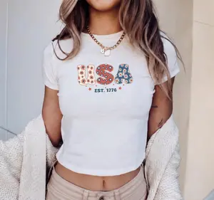Floral USA Baby Tee, America Y2K Baby Tee, Fourth of July Shirt,4th of July Tee,Patriotic Women Baby Tee,USA Est 1776 Tee,Girly USA Tee
