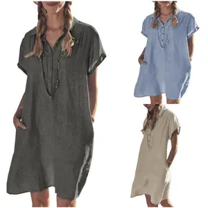 Women’s Cotton Linen Shirt Dress – Casual Loose Fit Summer Beach Dress with Pockets, Short Sleeve Midi Dress (S-5XL)