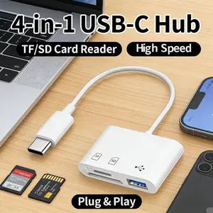 USB-C Triple-In-One SD Card Reader Adapter, Portable USB Hub, Compatible with iPhone 18-15, iPad, Android Phones, Tablets, Laptops, Reads SD, Micro SD, USB Devices