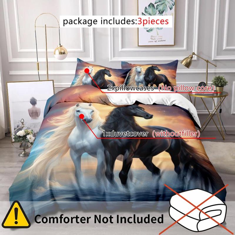 3-Piece High-Definition Digital Print Horse Comforter Set, Includes 1 Fitted Sheet + 2 Pillowcases, Soft Polyester Fabric, Home Use