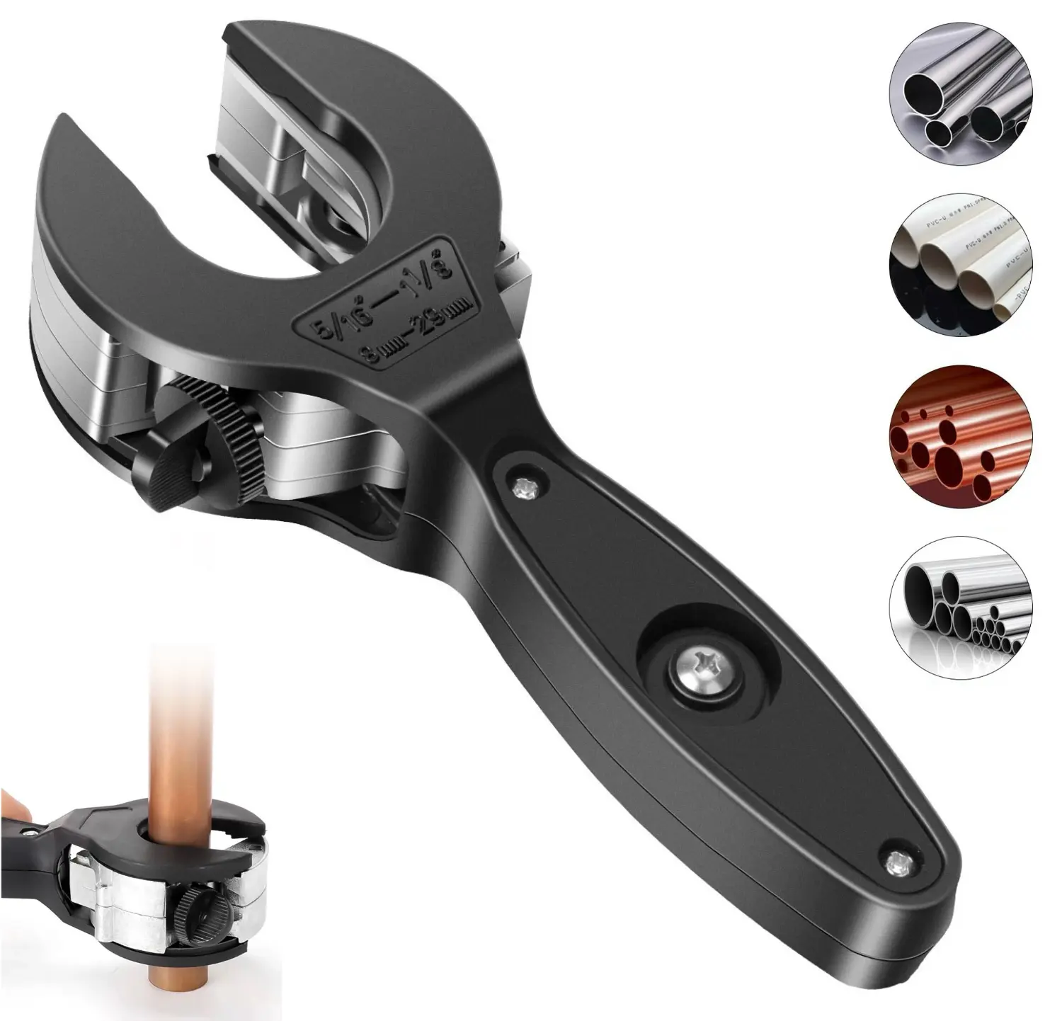 Ratchet Pipe Cutter for Tight Spaces, Ergonomic Aluminum Alloy 2-in-1 Tubing Cutter 5/16"-1 1/8" for Copper, PVC, PEX, Plumbing & Construction