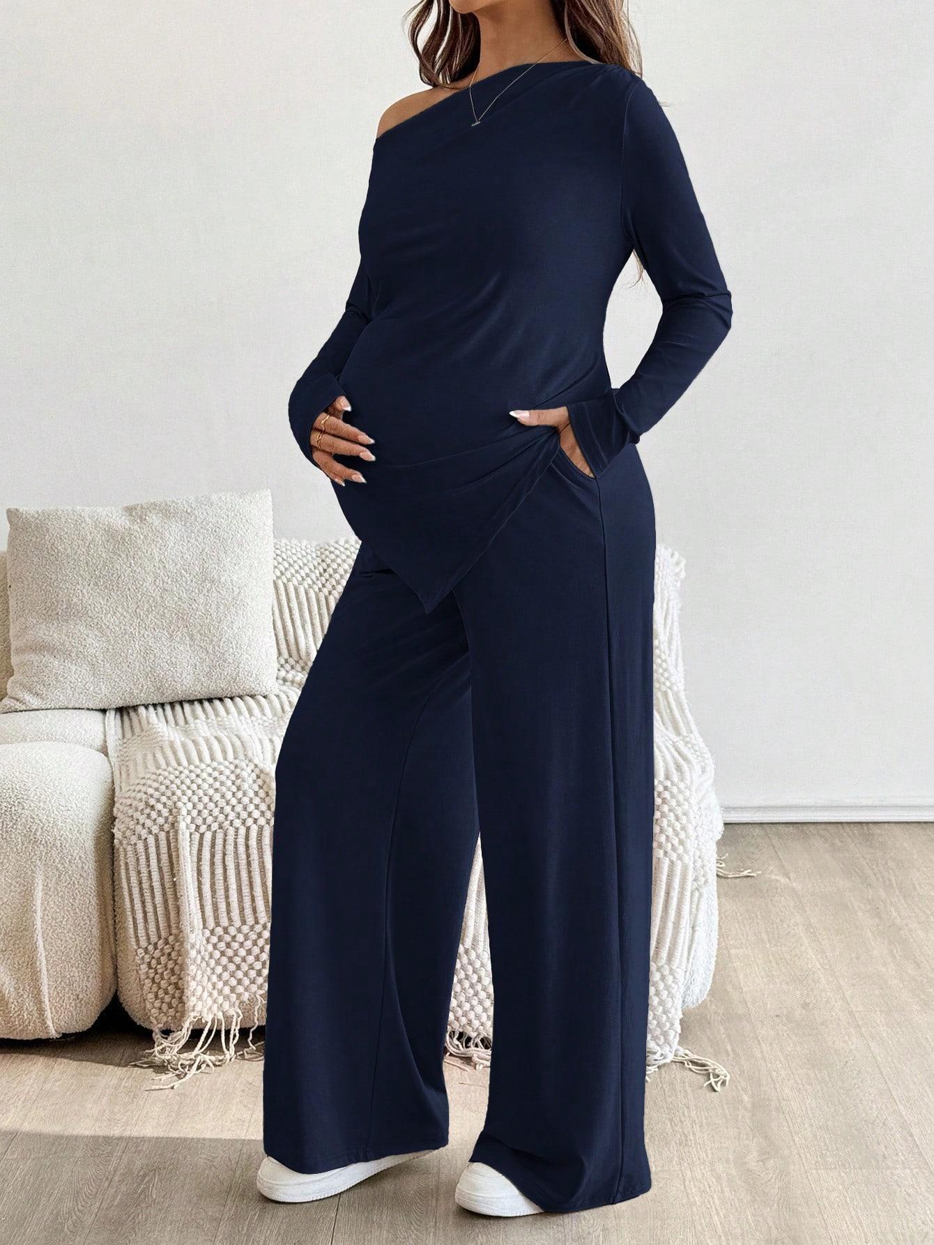 ZESTY MATERNITY Pregnant Women Casual Solid Color Asymmetric Top And Pants Set Stylish Maternity Two Piece Set Everyday Wear Autumn Season