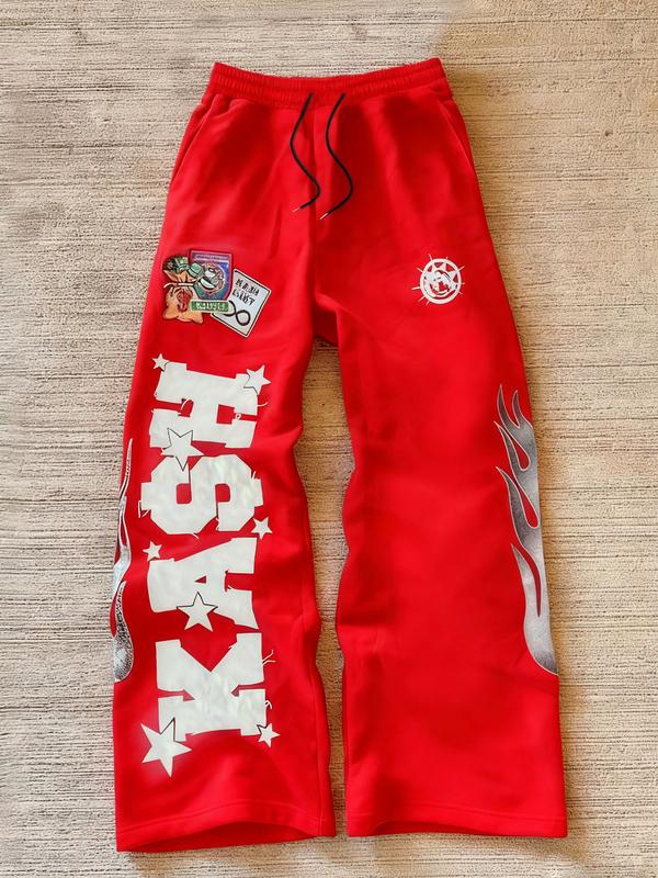 Trendy Black Fleece - lined Sweatpants with "KASH" Lettering, Star and Flame Graphics, Ideal for Street - style and Hip - hop Wear, Trending on TikTok #Sweatpants #StreetFashion #TikTokTrend, Sports Casual Pants