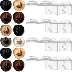 2.9 Inch Hat Hooks for Wall, 8 Pack Cowboy Hat Holder Wide Brimmed Hat Rack Organizer  Adhesive Cowboy Hat Hangers Storage Wall Mount for Cowboy, Sun Hats, Baseball Caps (Clear)