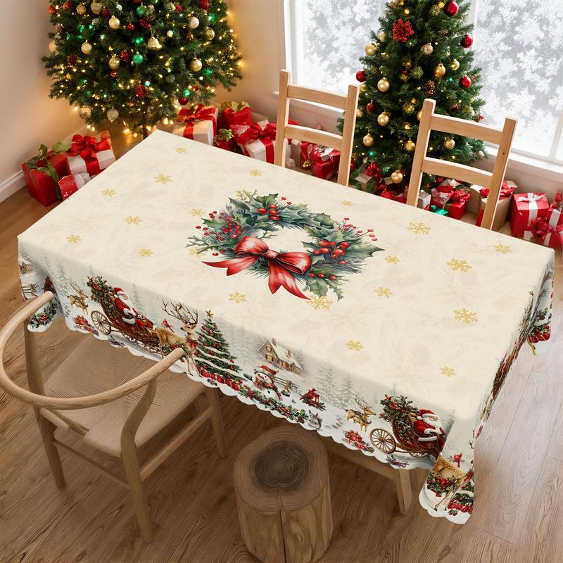QUNTUE Christmas Winter Berry Wreath Pattern Tablecloth, 2025 Christmas Party Decoration, Garden Party, Restaurant Decoration, Indoor Outdoor Holiday Decorations, Round and Rectangle Multi Sizes, Gift for Friends