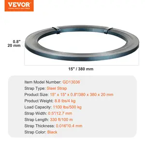 VEVOR Packaging Steel Strapping Roll, 330' Lengthx 1/2 Widthx 0.016 Thickness, 1100 lbs Break Strength, Heavy Duty Banding Pallet Strap Coil, Portable Strong Banding Packing Metal Straps, Black