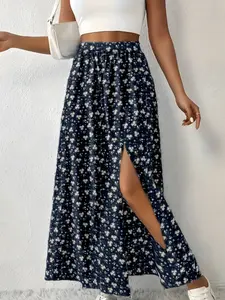 Women's Floral Tiered Woven Skirt with Slit, Elegant Casual Style, Chic Must-Have Women's Fashion for Spring & Summer