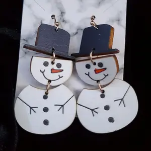 Wooden Snowman Earrings with Top Hat and Branch Design for Festive Accessory