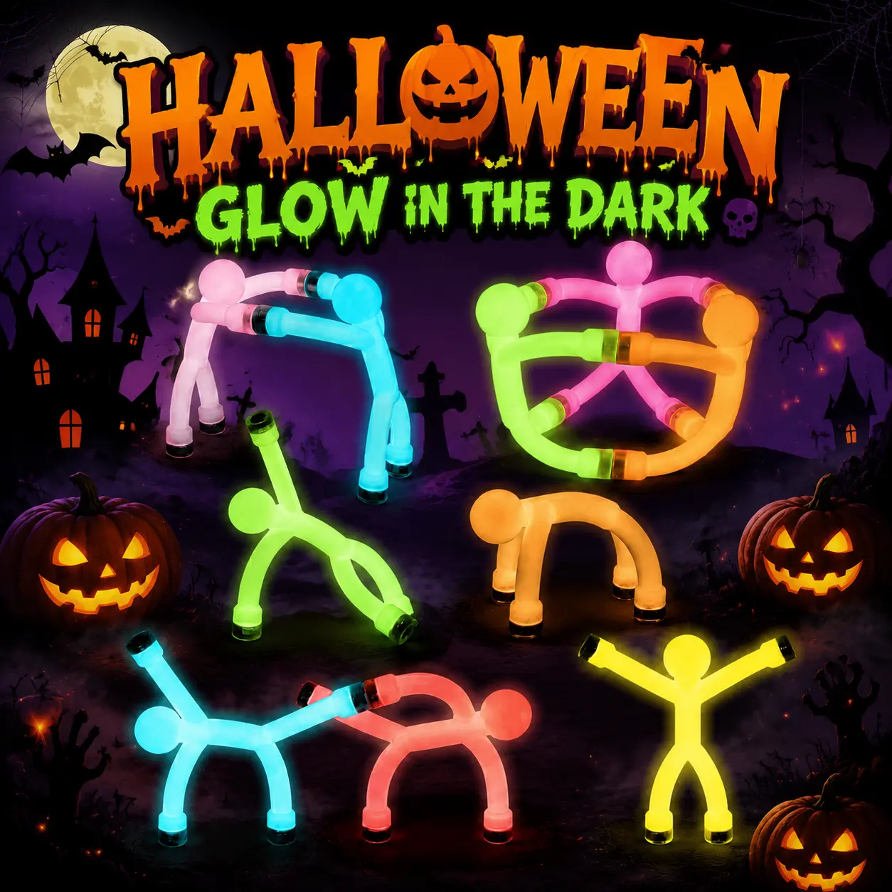 Unisex Glow-in-the-Dark Magnetic Fidget Stick Figures - Magnetic Building Blocks, Open-Ended Educational Maths Toy, Halloween Trick-or-Treat Party Favor, Creative Kids' Gift
