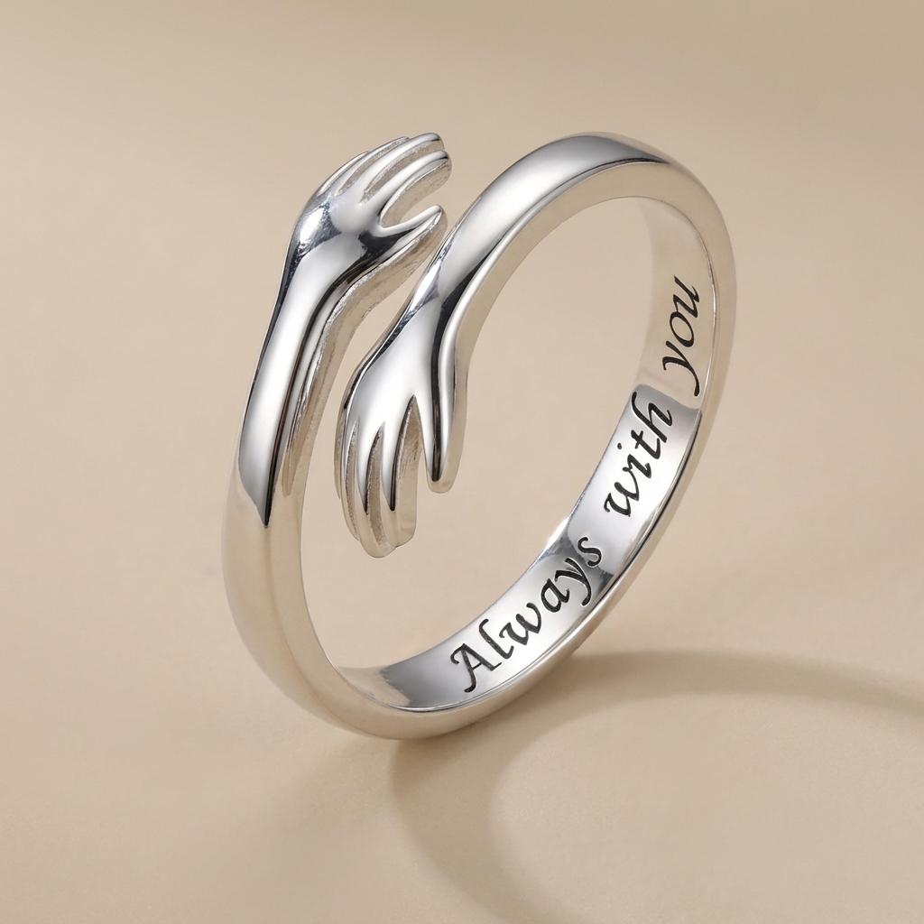 Hug Hands Adjustable Ring S925 Sterling Silver Open Ring “Always With You” Engraved Couple Gift for Women