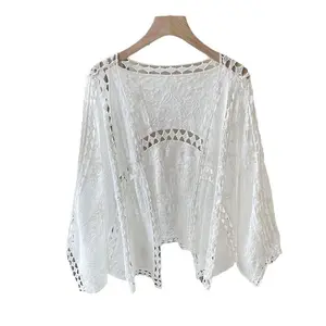 Women's European American Summer Lace Crochet Open Front Cardigan, 3/4 Sleeve Beach Sun Protection Cover‑Up Outerwear