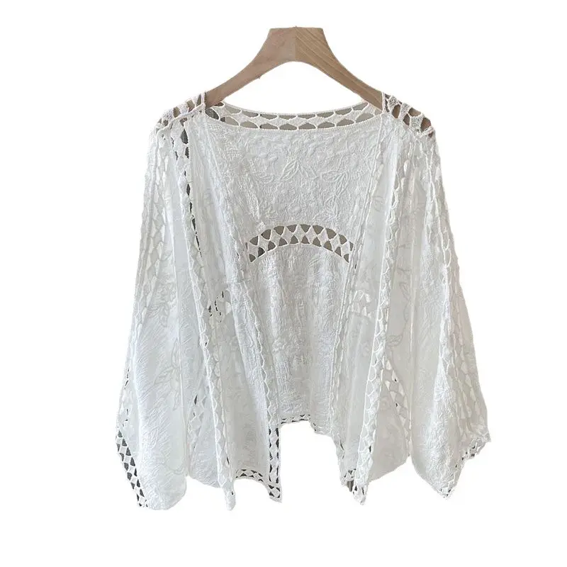 Women's European American Summer Lace Crochet Open Front Cardigan, 3/4 Sleeve Beach Sun Protection Cover‑Up Outerwear