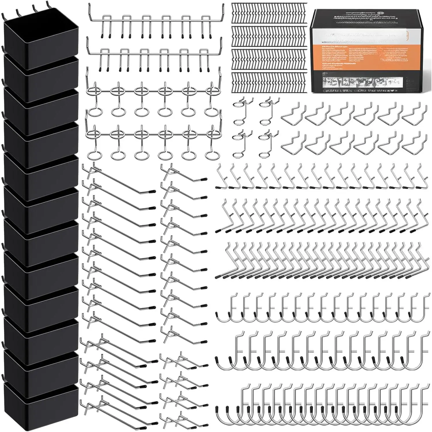 278PCS Pegboard Accessories Organizer Kit, Peg Board Hooks Assortment with Bins for Organizing Various Tools, Fit 1/8 or 1/4 inch Pegboard for Hanging Storage, Garage Wall Attachments