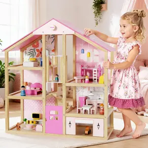 BIERUM Large Modern Wooden Dollhouse with 49Pcs Furniture, Dolls & Pets，DIY Puzzle Pool & Yard, Ideal Gift for Boys & Girls 3+