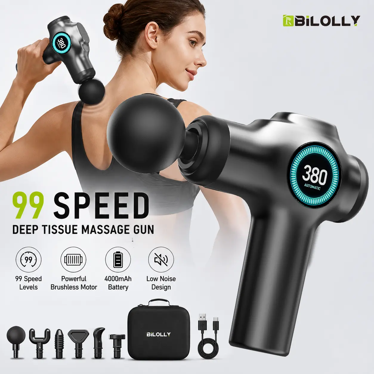 Deep Tissue Massage Gun, Rechargeable Percussion Muscle Massager with Digital Display, 99 Speed Levels, 6 Massage Heads, Carrying Case, 4000mAh Battery, Quiet Brushless Motor, Handheld Massager for Back, Neck, Shoulders, Arms, Legs and Athletes