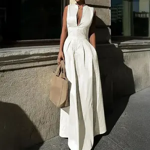 Women's High-end Sleeveless V-neck Waist Pendulum Dress Women's Temperament Commuter Pocket Long Dress